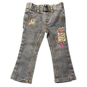 VTG Y2K Healthtex Trendy Toddler Girls Gray Jeans Leopard Heart‎ Embroidery 18M